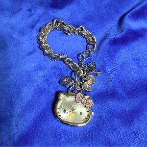 Hello Kitty Silver Charm Bracelet Watch with Pink Bow Accents